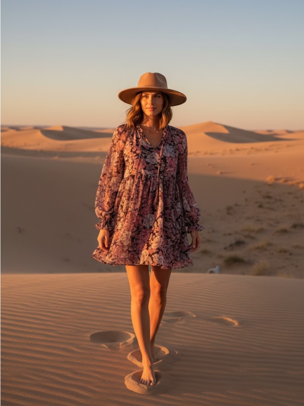 Boho Floral V-Neck Mini Dress in Mauve Pink